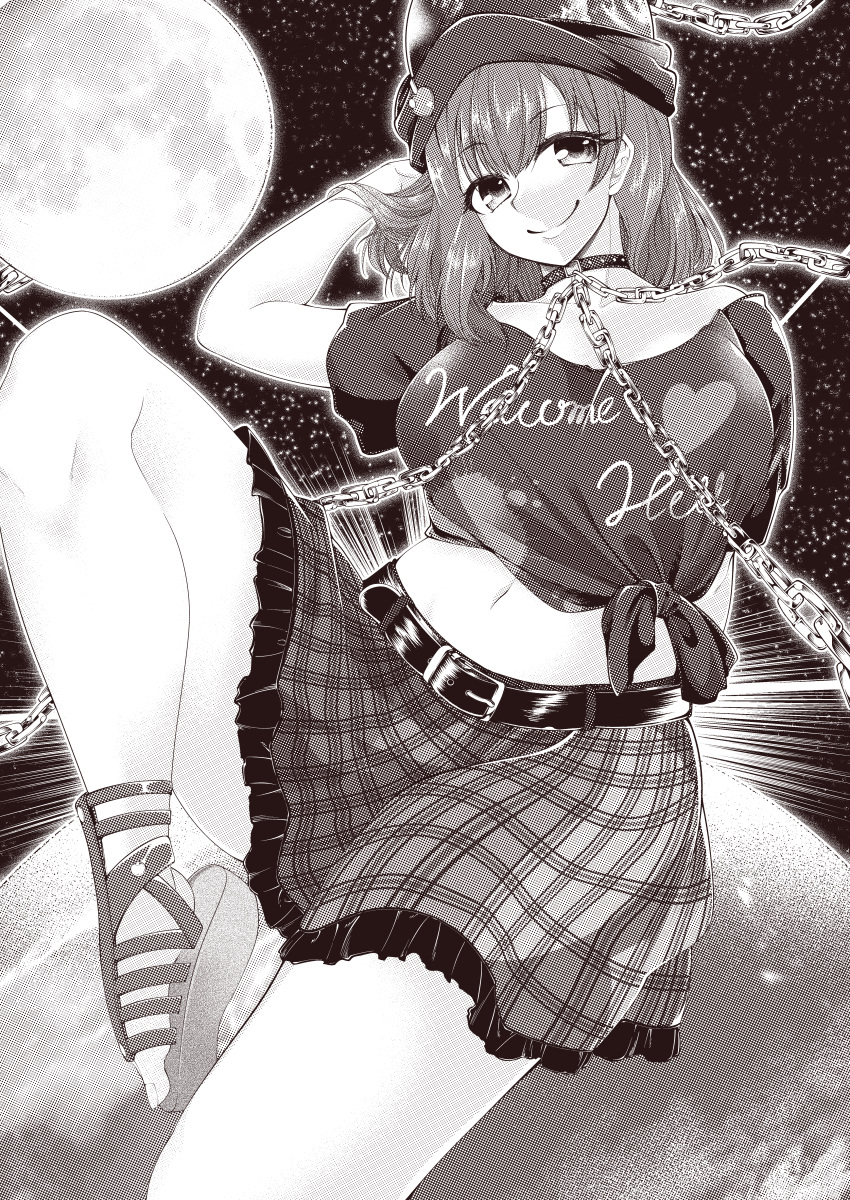 0-den absurdres belt breasts choker clothes_writing earth_(ornament) female greyscale hecatia_lapislazuli highres large_breasts looking_at_viewer midriff monochrome moon_(ornament) navel plaid_clothes plaid_skirt sitting skirt smile solo space touhou underworld_(ornament)