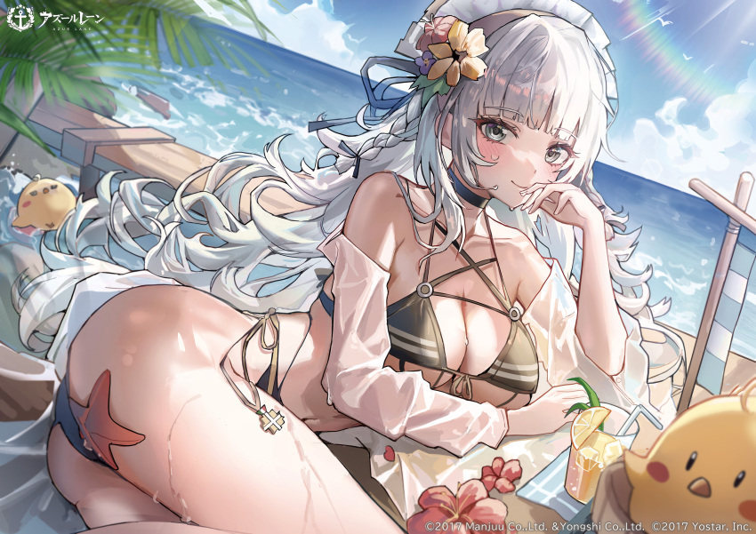 absurdres arm_support ass azur_lane bare_shoulders beach bikini blunt_bangs breasts cleavage closed_mouth commentary_request female flower grey_eyes grey_hair hair_flower hair_ornament hair_ribbon highres large_breasts long_hair long_sleeves looking_at_viewer lying manjuu_(azur_lane) mungduck official_art on_side outdoors ribbon smile solo starfish swimsuit vittorio_veneto_(azur_lane) wet