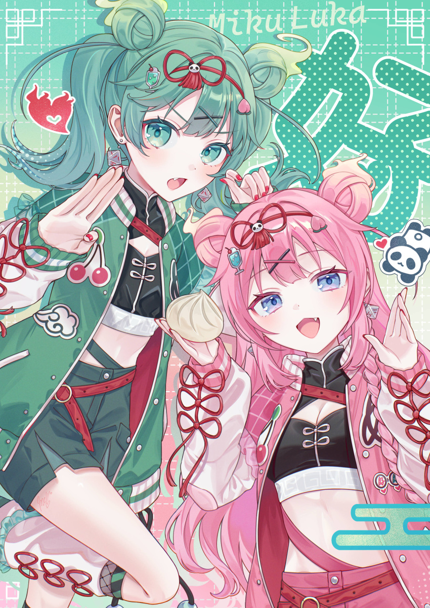 2girls absurdres animal_print aqua_hair bear_print belt black_shirt black_shorts character_name cherry_print clothing_cutout crop_top double_bun earrings english_text food food_print garlic green_jacket green_shorts hair_bun hair_ornament hair_ribbon hairpin hao_(vocaloid) hatsune_miku highres holding holding_food jacket jewelry long_hair long_sleeves looking_at_viewer megurine_luka multiple_girls oerba_yun_fang open_clothes open_jacket open_mouth panda_print pink_hair pink_jacket red_belt red_nails red_ribbon ribbon shirt shorts sleeves_past_wrists twintails vocaloid vs0mr x_hair_ornament