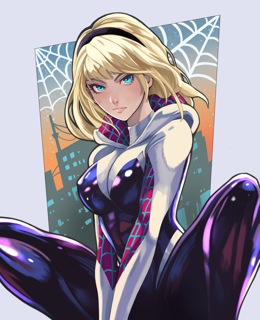 black_hairband blonde_hair blue_eyes border breasts closed_mouth commentary eyelashes female grey_border gwen_stacy hairband highres large_breasts marvel medium_hair smile solo spider-gwen spider-man_(series) spider-verse squatting to-ru white_hood