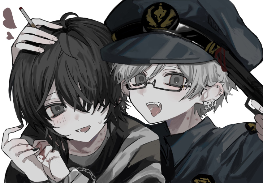 04_11221 2boys :d ahoge arrest bite_mark black-framed_eyewear black_hair black_nails blood blood_on_gun blood_on_hands bruise_on_neck cigarette cuffs ear_piercing fangs grey_eyes gun hand_on_another's_head handcuffs handgun hat heart highres holding holding_cigarette holding_gun holding_weapon light_blush male_focus mole mole_on_ear mole_under_eye multiple_boys original own_hands_together piercing police police_hat police_uniform policeman prison_clothes prisoner short_hair simple_background smile striped_jumpsuit tongue tongue_out uniform weapon white_background white_hair