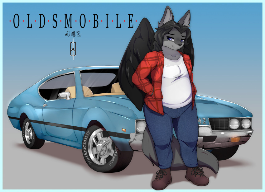 anthro ash_clinker belly black_hair black_wings blue_bottomwear blue_car blue_clothing blue_eyes blue_jeans blue_pants boots bottomwear brown_boots brown_clothing brown_footwear canid canine canis car classic_car clothing denim denim_bottomwear denim_clothing flannel flannel_jacket flannel_shirt fluffy fluffy_tail footwear fur grey_body grey_fur grey_tail hair hand_in_pocket hands_in_both_pockets happy hi_res jeans long_hair male mammal muscle_car oldsmobile pants pockets romancruzzz shaded shirt shoes simple_background simple_shading slightly_chubby slightly_chubby_male smile t-shirt tail topwear vehicle white_clothing white_shirt white_t-shirt white_topwear wings wolf