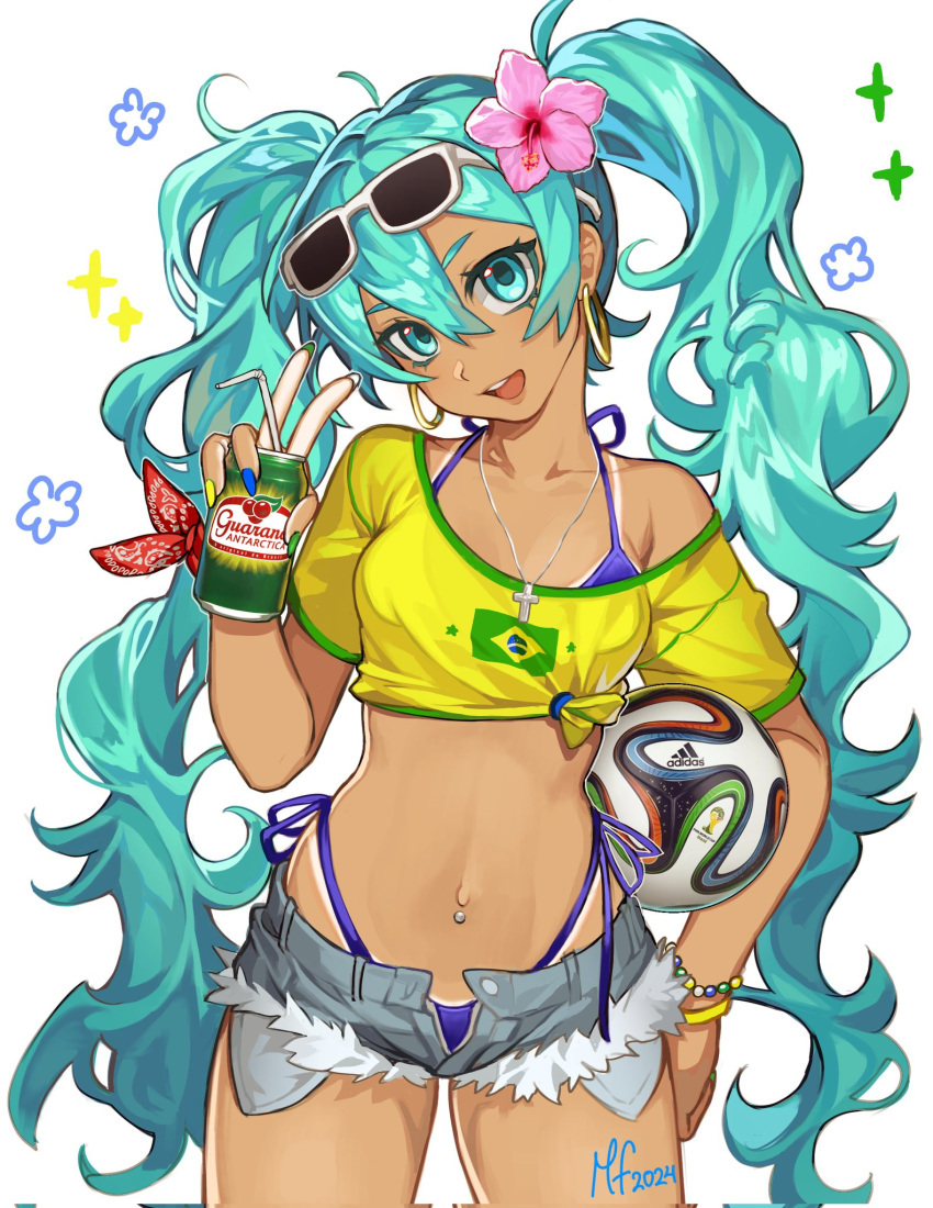 2014_fifa_world_cup aqua_eyes aqua_hair ball bandana bandana_around_arm bead_bracelet beads bendy_straw bikini bikini_under_clothes blue_nails bracelet brazilian_flag brazilian_flag_print brazilian_miku brazuca breasts can collarbone corrupted_twitter_file cowboy_shot crop_top cross_pendant cutoffs dated denim denim_shorts drinking_straw earrings exposed_pocket eyewear_on_head female fingernails flower front-tie_top gold_earrings green_nails green_trim guarana_antarctica hair_between_eyes hair_flower hair_ornament halterneck hatsune_miku head_tilt highleg highleg_bikini highres holding holding_can hoop_earrings jewelry legs_apart light-skinned_palms long_fingernails long_hair looking_at_viewer mary_felizola midriff multicolored_nails multiple_bracelets nail_polish navel navel_piercing off-shoulder_shirt off_shoulder open_fly open_mouth piercing print_shirt red_bandana shirt short_eyebrows short_shorts shorts side-tie_bikini_bottom sidelocks signature simple_background small_breasts smile soccer_ball solo sparkle standing string_bikini sunglasses swimsuit tan tanline_peek tanlines teeth tied_shirt tongue twintails upper_teeth_only v very_long_hair vocaloid wavy_hair white-framed_eyewear white_background world_cup wristband yellow_nails yellow_shirt