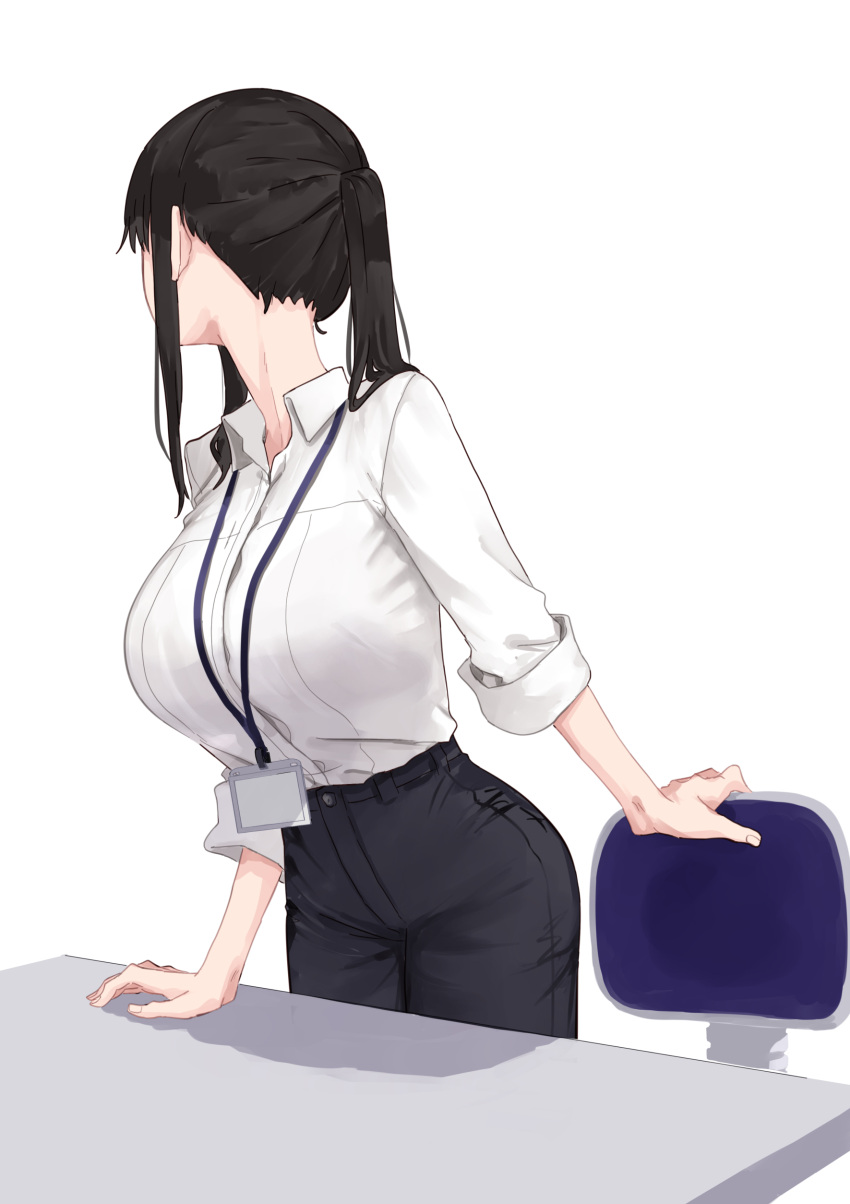 absurdres arm_support black_hair black_pants bra_visible_through_clothes breasts chair collared_shirt facing_to_the_side female highres hr_lady_(rucchiifu) id_card lanyard large_breasts long_hair office_chair office_lady original pants ponytail rucchiifu shirt simple_background sleeves_rolled_up solo swivel_chair table tented_shirt white_background white_shirt