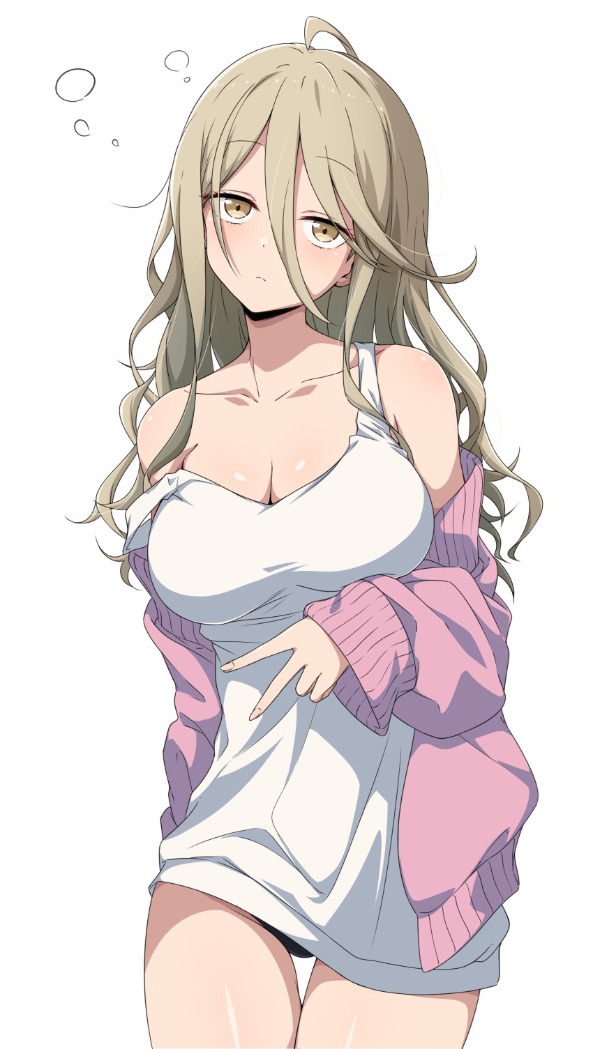 absurdres ahoge bare_shoulders black_panties breasts brown_eyes cardigan cleavage closed_mouth collarbone cowboy_shot dress female hair_between_eyes highres large_breasts light_blush light_brown_hair long_hair long_hair_between_eyes long_sleeves looking_at_viewer make_heroine_ga_oo_sugiru! messy_hair nishizuki_shino off_shoulder panties panty_peek pink_cardigan shikiya_yumeko simple_background solo spaghetti_strap squeans strap_slip tachi-e underwear v white_background white_dress