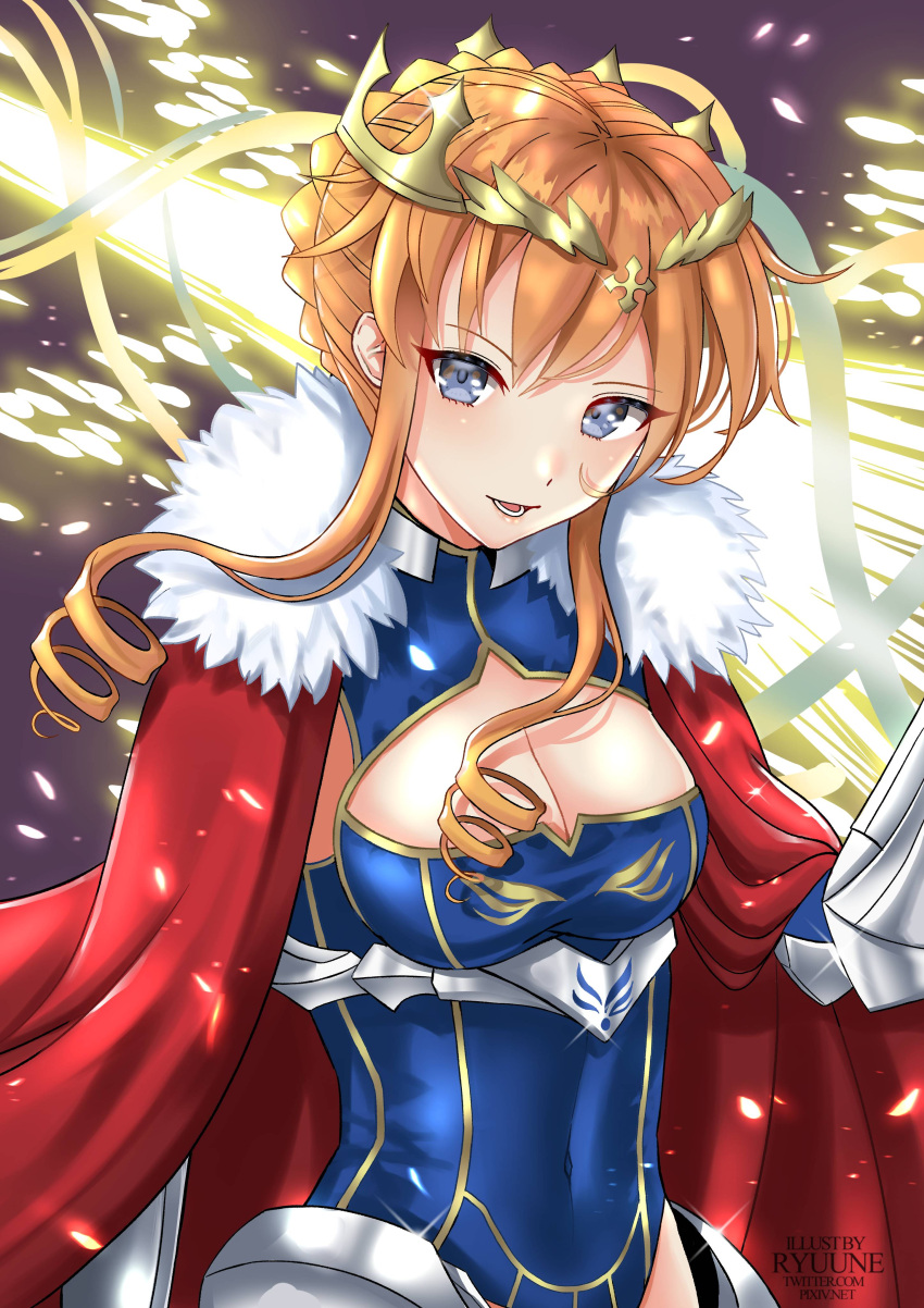 absurdres armor armored_dress artoria_pendragon_(fate) artoria_pendragon_(lancer)_(fate) blue_eyes braid breasts cape cleavage cloak covered_navel crown date_a_live fate/grand_order fate_(series) female fur-trimmed_cape fur_trim gauntlets hair_between_eyes half_up_braid highres long_hair looking_at_viewer medium_breasts open_mouth orange_hair ryuuneart sidelocks solo yamai_kaguya