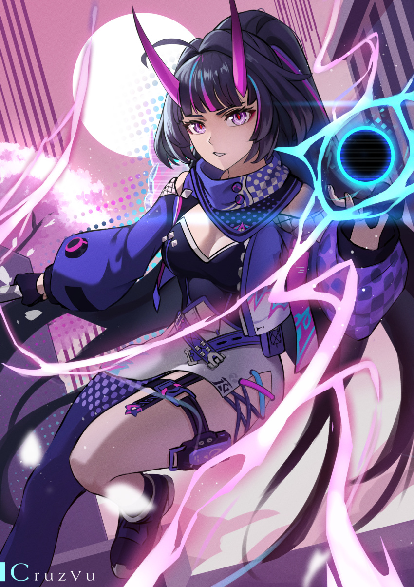 absurdres ahoge artist_name black_gloves breasts cleavage commentary cruzvu dress english_commentary female gloves highres holding holding_sword holding_weapon honkai_(series) honkai_impact_3rd horns jacket katana long_hair long_sleeves looking_at_viewer open_mouth purple_dress purple_eyes purple_hair purple_jacket purple_scarf purple_thighhighs raiden_mei raiden_mei_(haunted_dusk) raiden_mei_(herrscher_of_thunder) scarf single_thighhigh solo sword thighhighs weapon