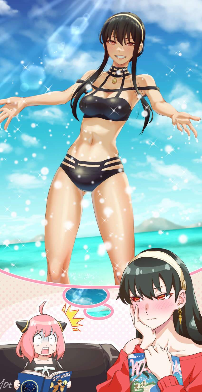 10ttruck 2girls ^^^ absurdres ahoge anya_(spy_x_family) bare_legs bare_shoulders bikini black_bikini black_hair blue_sky blush book breasts cleavage couch earrings hair_ornament headband highres holding holding_book jewelry large_breasts long_bangs long_hair multiple_girls navel necklace on_couch pink_hair red_eyes red_sweater sky smile speech_bubble spy_x_family stomach sweater swimsuit water yellow_headband yor_briar