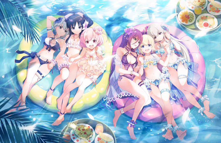 6+girls :d ahoge amano_soraha ankle_garter anklet arm_at_side arm_behind_head arm_strap arm_up armlet armpit_crease assault_lily bare_arms bare_shoulders barefoot bikini bikini_skirt black_bikini black_hair blonde_hair blue_bikini blue_bow blue_eyes blue_flower blue_ribbon bow bow_bikini bracelet breasts bridal_garter brown_eyes casual_one-piece_swimsuit cleavage cleavage_cutout closed_mouth clothing_cutout cocktail collarbone commentary_request crossed_legs cup day drinking_glass egawa_kusumi falling_feathers feathers flower food frilled_bikini frills from_above front-tie_bikini_top front-tie_top fruit girl_sandwich green_eyes grey_eyes grey_hair hair_between_eyes hair_bun hair_flower hair_ornament hair_ribbon hairbow halterneck hand_in_own_hair hands_up hibiscus highres hitotsuyanagi_riri holding_hands hosoi_mieko inflatable_raft interlocked_fingers jewelry kawazoe_misuzu kiwi_(fruit) kiwi_slice knee_up leg_ribbon long_bangs long_hair looking_ahead looking_at_another looking_at_viewer looking_to_the_side looking_up lying maki_wakana medium_breasts melon melon_slice multi-strapped_bikini_bottom multiple_girls navel necklace off_shoulder official_alternate_costume official_alternate_hairstyle official_art on_back one-piece_swimsuit open_mouth orange_(fruit) orange_slice outdoors outstretched_arm palm_leaf parted_lips pearl_bracelet pearl_necklace pendant pink_eyes pink_flower pink_hair plaid_bikini plaid_clothes plate ponytail purple_bow purple_eyes purple_flower purple_hair purple_one-piece_swimsuit ribbon sandwiched see-through shade shadow shirai_yuyu short_hair side-by-side side-tie_swimsuit side_cutout sideboob sidelocks single_hair_bun sitting small_breasts smile stomach stomach_cutout sunlight swimsuit swimsuit_cover-up teeth thigh_gap thigh_ribbon thigh_strap thighlet two-tone_bikini upper_teeth_only very_long_hair water white_bikini white_bow white_feathers white_ribbon yellow_bikini yellow_bow yellow_flower