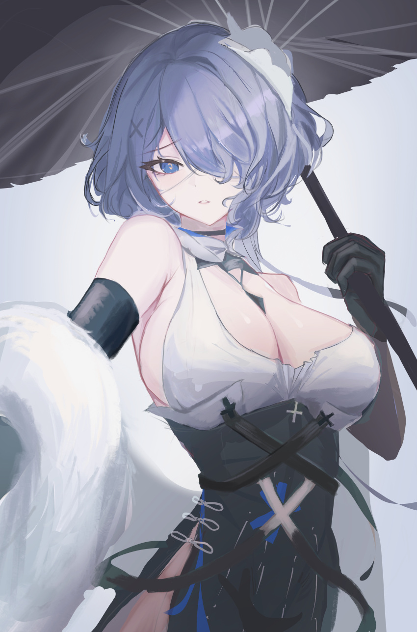 absurdres ann_(enye5842) arknights bare_shoulders black_dress black_gloves black_umbrella blue_eyes breasts cleavage cowboy_shot dress elbow_gloves female gloves hair_ornament hair_over_one_eye highres holding holding_umbrella large_breasts long_hair looking_at_viewer official_alternate_costume one_eye_covered parted_lips purple_hair short_hair solo two-tone_dress umbrella whisperain_(arknights) whisperain_(tremble_cold)_(arknights) x_hair_ornament