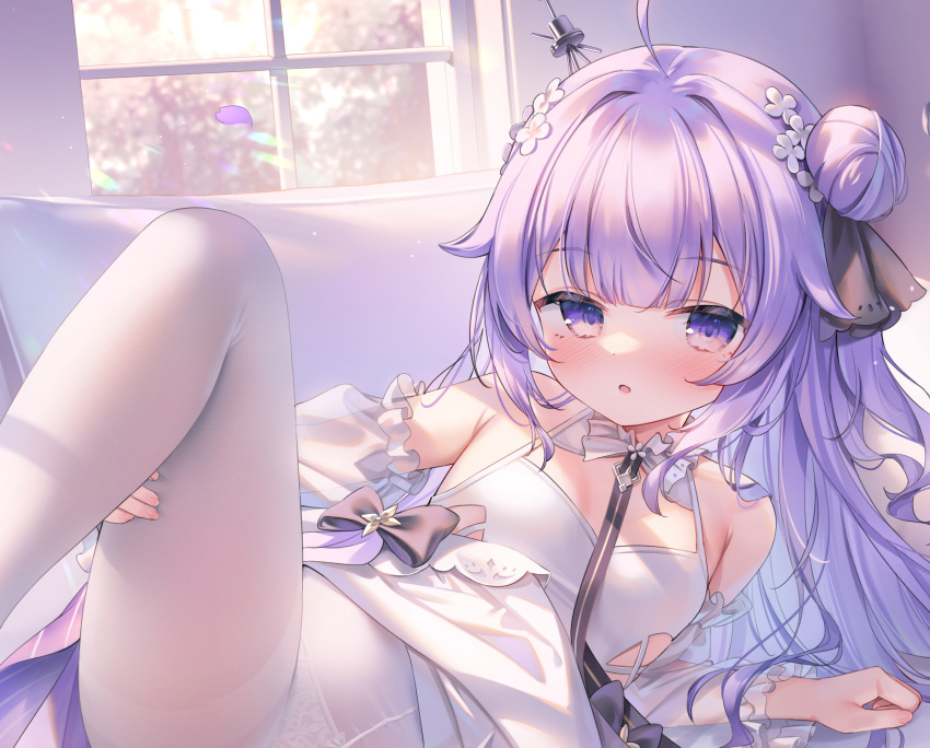 azur_lane bare_shoulders blush breasts chen_bin chinese_commentary commentary_request detached_sleeves dress female flower hair_bun hair_flower hair_ornament halterneck highres indoors leg_up long_hair looking_at_viewer on_bed open_mouth panties panties_under_pantyhose pantyhose purple_eyes purple_hair single_hair_bun single_side_bun small_breasts solo underwear unicorn_(azur_lane) white_dress white_pantyhose