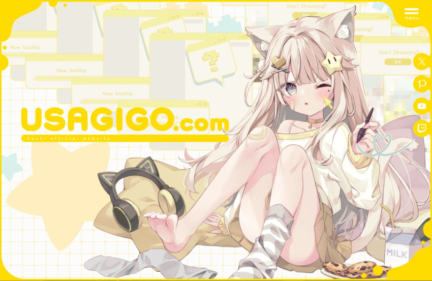 ;o ? animal_ear_fluff animal_ear_headphones animal_ears bandaid bandaid_on_cheek bandaid_on_face bandaid_on_knee bandaid_on_leg barefoot bendy_straw blush border brown_hair brown_skirt cat_ear_headphones cat_ears cat_girl cat_tail commentary_request cookie drinking_straw fake_animal_ears female food grey_eyes grey_socks hair_ornament hairclip headphones headphones_removed heart heart_hair_ornament holding holding_stylus hoshi_(snacherubi) knees_up long_hair long_sleeves milk_carton mole mole_under_eye no_shoes off_shoulder one_eye_closed one_side_up original parted_lips pillow pixelated plate pleated_skirt puffy_long_sleeves puffy_sleeves shirt single_sock sitting skirt sleeves_past_wrists socks solo spoken_question_mark star-shaped_pillow star_(symbol) star_hair_ornament striped_clothes striped_socks stylus tail unworn_socks very_long_hair watermark web_address white_shirt window_(computing) x_hair_ornament yellow_border