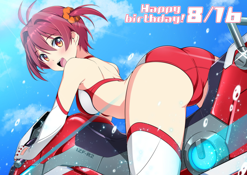 absurdres ass blue_sky buruma cloud commentary_request driving elbow_gloves female from_behind gloves happy_birthday highres isshiki_akane looking_at_viewer looking_back motor_vehicle motorcycle nonbe orange_eyes red_buruma red_hair red_sports_bra short_hair sky solo sports_bikini sports_bra thighhighs two_side_up vividred_operation white_gloves white_thighhighs