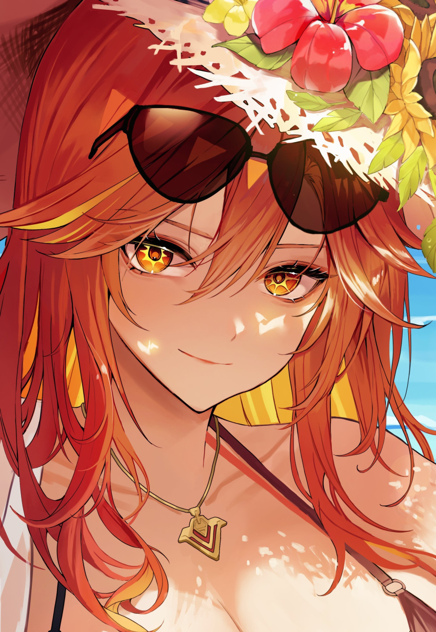 absurdres breasts cleavage earrings female genshin_impact highres jewelry long_hair looking_at_viewer mavuika_(genshin_impact) multicolored_hair necklace orange_eyes orange_hair red_hair smil smile solo two-tone_hair very_long_hair yuna_(deadawon)