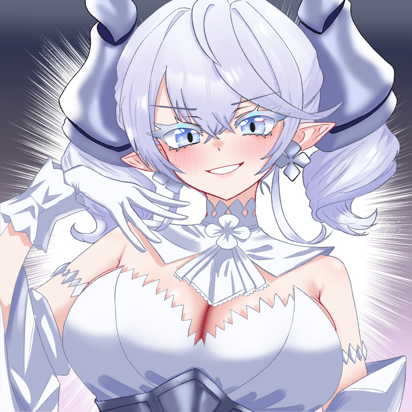 absurdres bare_shoulders blush breasts cleavage commentary_request demon_girl demon_horns dress drill_hair duel_monster earrings female gloves grey_eyes grey_hair highres horns jewelry long_hair lovely_labrynth_of_the_silver_castle meme nah_i'd_win_(meme) oldsickkim parted_lips pointy_ears smile smug solo strapless strapless_dress textless_version twin_drills twintails upper_body white_dress white_gloves yu-gi-oh!