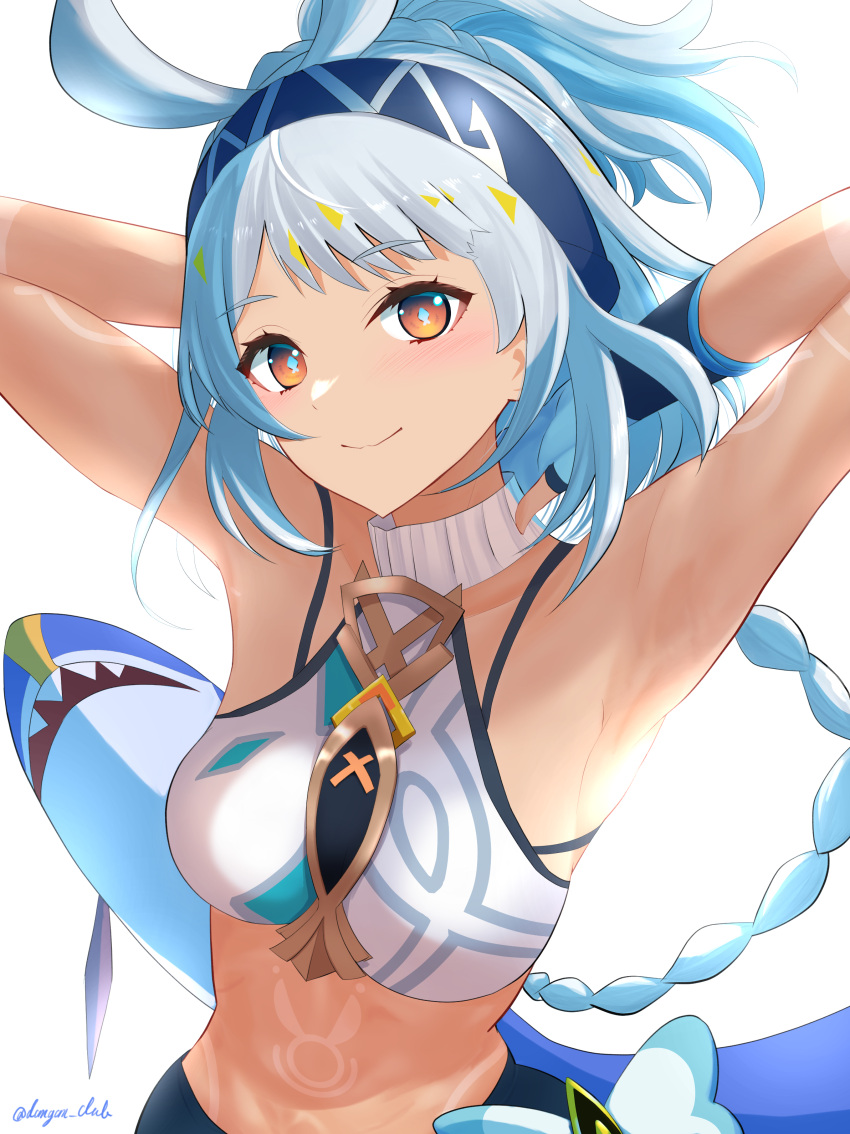 absurdres armpits arms_behind_head arms_up blue_hairband breasts crop_top dangan_kurabu dark_skin female genshin_impact grey_hair hairband highres long_hair looking_at_viewer midriff mualani_(genshin_impact) no_navel orange_eyes small_breasts smile solo stomach upper_body