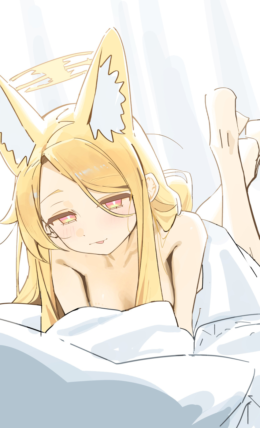 absurdres animal_ear_fluff animal_ears bed_sheet blanket blonde_hair blue_archive blush closed_mouth female fox_ears highres long_hair looking_at_viewer lying naked_sheet nude on_bed on_stomach seia_(blue_archive) solo syhan the_pose tongue tongue_out under_covers yellow_eyes