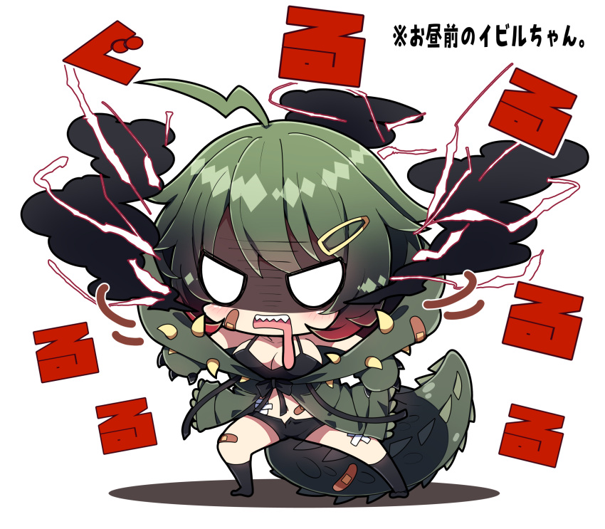 ahoge bandaid bandaid_on_leg bandaid_on_stomach bandaid_on_tail bare_shoulders black_camisole black_shorts black_socks breasts camisole cleavage collarbone commentary_request crossed_bandaids deviljho drooling electricity female gradient_hair green_hair green_jacket hair_ornament hairclip highres jacket large_breasts milkpanda monster_hunter_(series) mouth_drool multicolored_hair no_shoes open_mouth personification red_hair shaded_face shadow sharp_teeth short_shorts shorts simple_background socks solo tail teeth translation_request v-shaped_eyes white_background