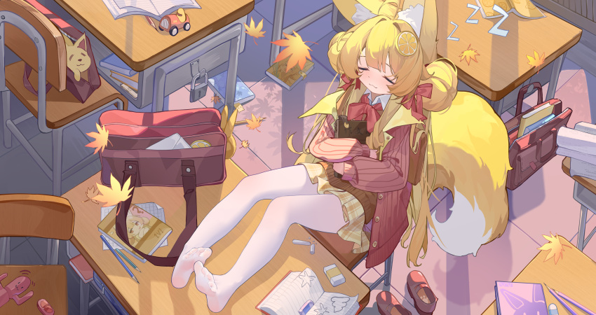 absurdres animal_ear_fluff animal_ears blonde_hair book chair chinese_text classroom closed_eyes eraser feet female food fox_ears fox_girl fox_tail fruit full_body highres holding holding_book hugging_book hugging_object leaf lemon lemon_slice long_hair long_sleeves looking_at_viewer maple_leaf ningmeng_jing_jing_jing_jing original pantyhose pencil sex_toy shoes simplified_chinese_text sleeping soles sweater table tail variant_set vibrator white_pantyhose zzz