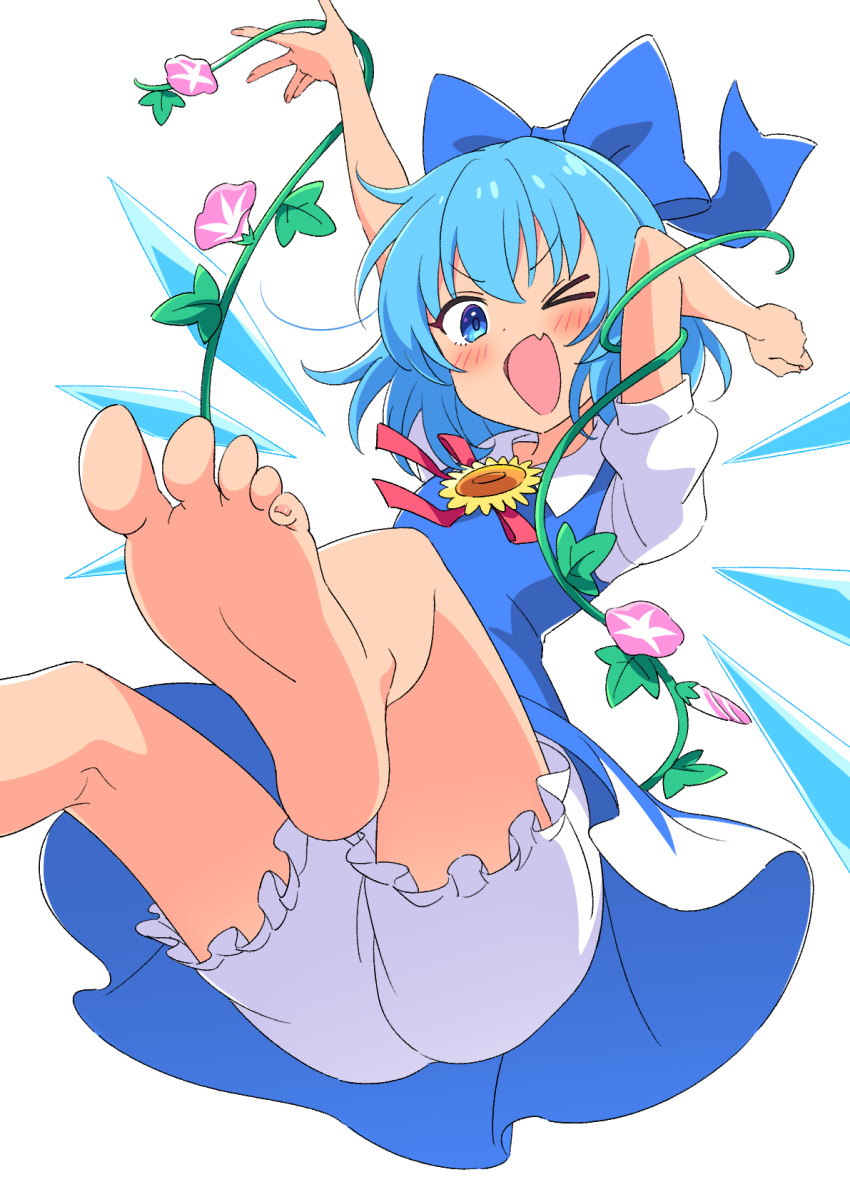 barefoot blue_bow blue_dress blue_eyes blue_hair bow cirno commission dark-skinned_female dark_skin dress female flower frilled_shorts frills hairbow hidden_star_in_four_seasons highres ice ice_wings kamuraaa_615 looking_at_viewer one_eye_closed open_mouth plant puffy_short_sleeves puffy_sleeves short_hair short_sleeves shorts simple_background skeb_commission smile solo tanned_cirno touhou vines white_background white_shorts wings