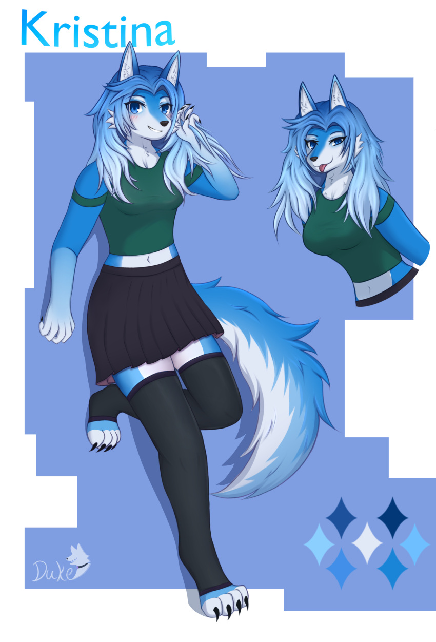 absurd_res anthro blue_body blue_eyes blue_fur bottomwear canid canine canis clothing domestic_dog dukeofbananas female fur hi_res husky kristina legwear mammal n/a nordic_sled_dog skirt solo spitz thigh_highs wolf