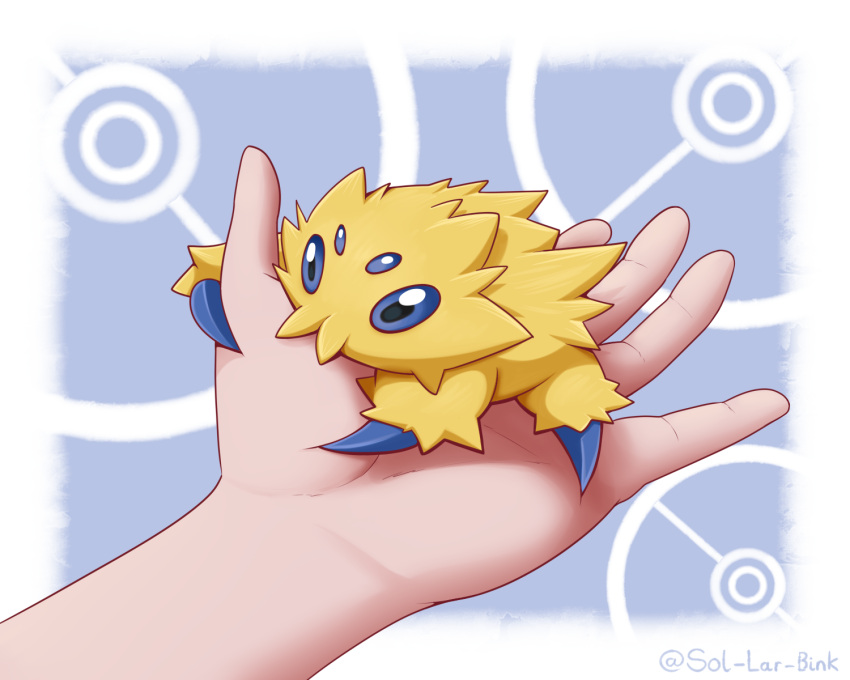 2023 4_eyes 5_fingers ambiguous_gender artist_name blue_eyes claws digital_media_(artwork) english_text fingers generation_5_pokemon hi_res human joltik latiar mammal multi_eye nintendo on_hand pokemon pokemon_(species) pupils simple_background solo text yellow_body