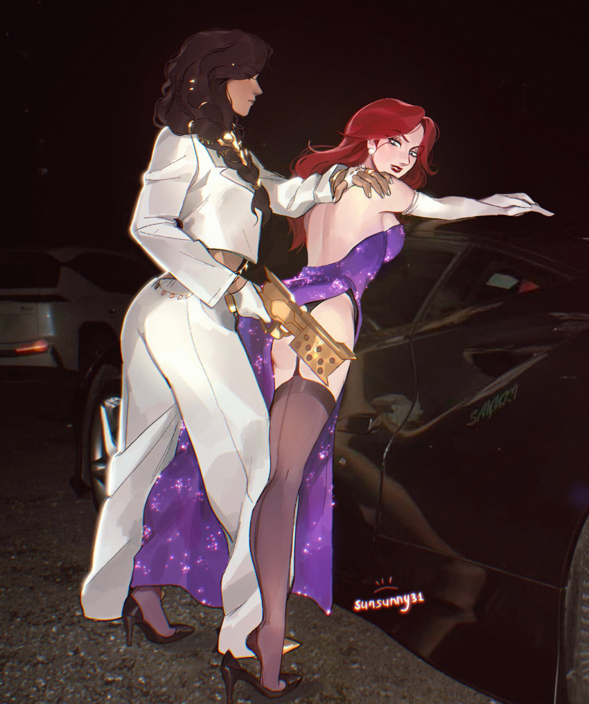 2girls artist_name bare_shoulders black_footwear blue_eyes breasts car dark-skinned_female dark_skin elbow_gloves gloves gun hand_on_another's_shoulder handgun high_heels highres holding holding_gun holding_weapon jacket large_breasts league_of_legends long_sleeves miss_fortune_(league_of_legends) motor_vehicle multiple_girls night pants pantyhose red_hair red_lips samira secret_agent_miss_fortune sunsunny31 weapon white_gloves white_jacket white_pants yuri