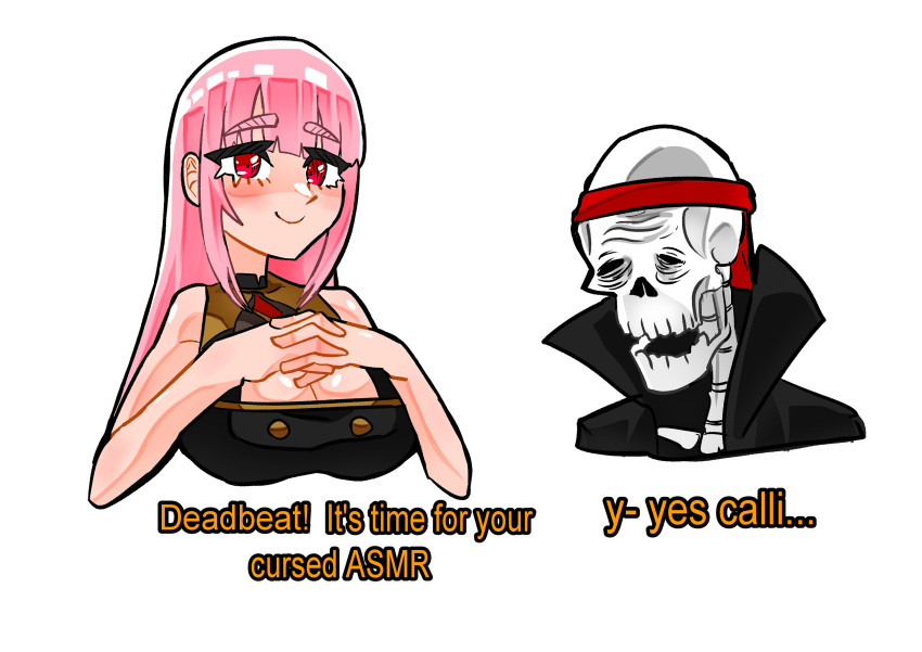 absurdres breasts cleavage deadbeat_(calliope_mori) female highres holocure hololive hololive_english koizumi_arata long_hair meme mori_calliope open_mouth pink_eyes pink_hair red_eyes skeleton skull smile virtual_youtuber white_background