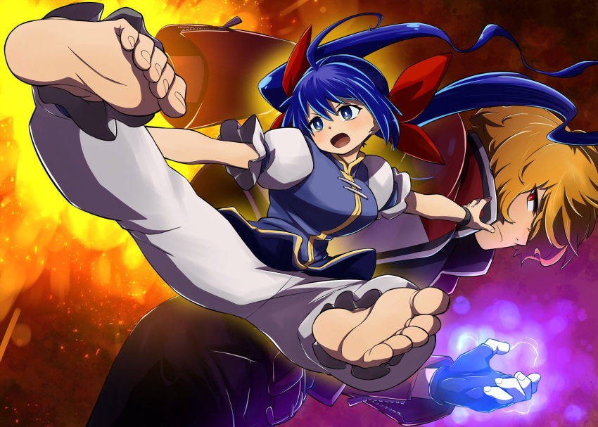 1boy baggy_pants barefoot blonde_hair blue_eyes blue_hair chinese_clothes fatal_fury feet female fingerless_gloves futaba_hotaru garou:_mark_of_the_wolves gloves highres jacket ko_akuman leather leather_jacket pants red_eyes rock_howard soles tiptoes