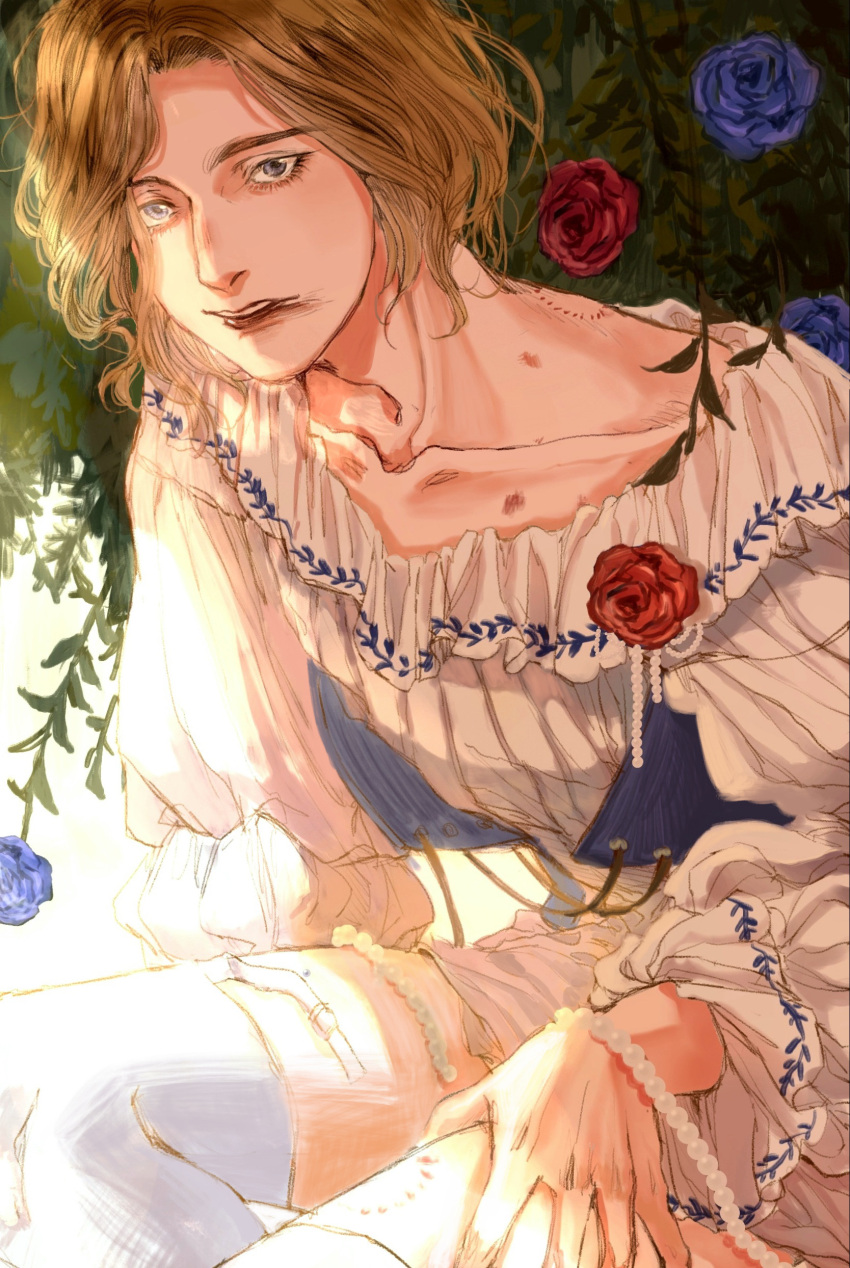 1boy absurdres axis_powers_hetalia bite_mark blonde_hair blue_eyes blue_flower blue_rose crossdressing flower france_(hetalia) garter_straps hickey highres lipstick long_sleeves looking_at_viewer makeup male_focus medium_hair puffy_sleeves red_flower red_rose rose rose_bush shirt sitting smeared_lipstick solo thighhighs white_shirt white_thighhighs xiwowangyi33