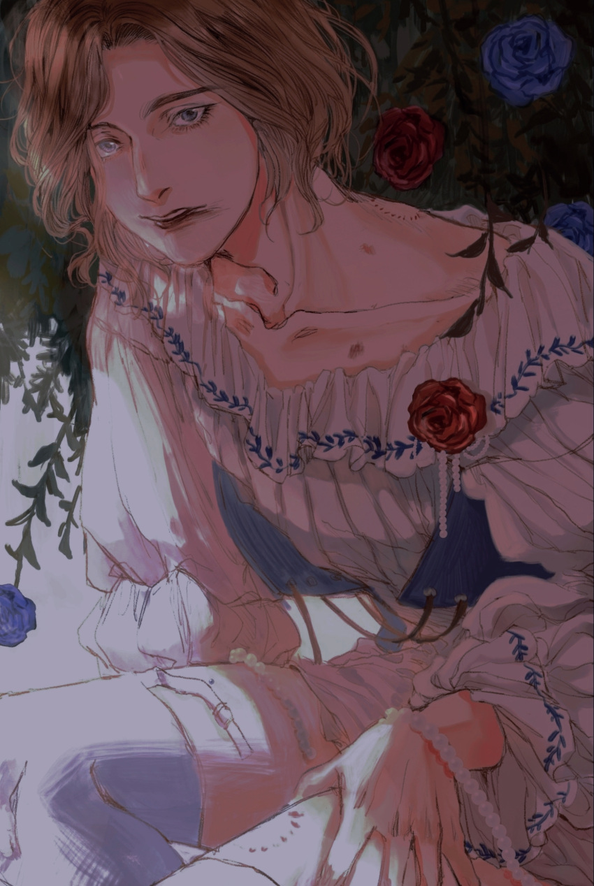 1boy absurdres axis_powers_hetalia bite_mark blonde_hair blue_eyes blue_flower blue_rose crossdressing flower france_(hetalia) garter_straps hickey highres lipstick long_sleeves looking_at_viewer makeup male_focus medium_hair puffy_sleeves red_flower red_rose rose rose_bush shirt sitting smeared_lipstick solo thighhighs white_shirt white_thighhighs xiwowangyi33