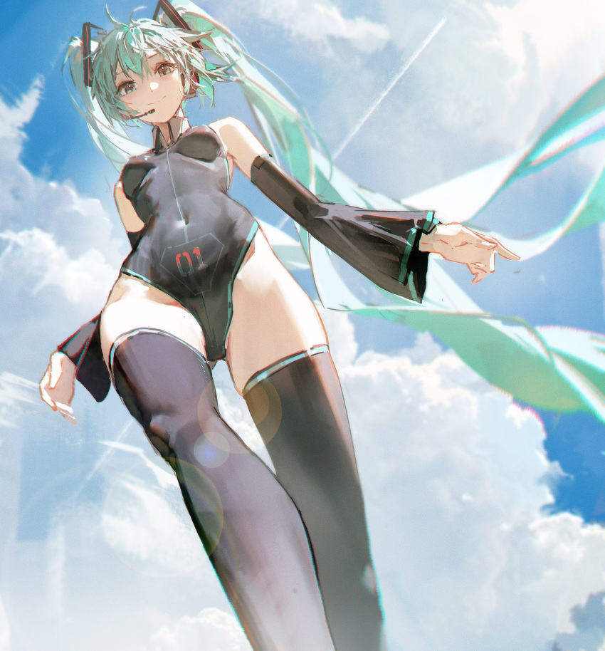 absurdres aqua_eyes aqua_hair bare_shoulders black_leotard black_thighhighs blue_sky breasts detached_sleeves dino_(dinoartforame) female from_below hatsune_miku highleg highleg_leotard highres leotard long_hair long_sleeves sky small_breasts smile solo thighhighs thighs throat_microphone twintails vocaloid