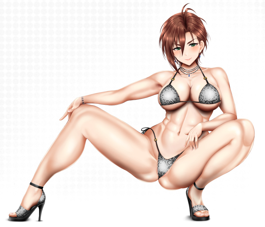 absurdres bikini blush breasts brown_hair cleavage earrings female green_eyes hair_between_eyes high_heels highres idolmaster idolmaster_cinderella_girls jewelry kiba_manami large_breasts navel necklace otone short_hair silver_bikini smile solo squatting swimsuit