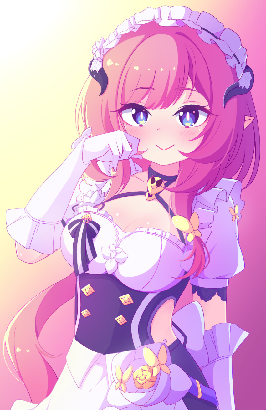 apron aya_chan1221 black_choker black_dress blue_eyes breasts butterfly_hair_ornament choker cleavage closed_mouth clothing_cutout dress elf elysia_(honkai_impact) elysia_(miss_pink)_(honkai_impact) elysia_(miss_pink_elf)_(honkai_impact) fake_horns female gloves gradient_background hair_between_eyes hair_ornament highres honkai_(series) honkai_impact_3rd horns large_breasts long_hair looking_at_viewer maid maid_apron maid_day maid_headdress pink_hair pointy_ears puffy_short_sleeves puffy_sleeves short_sleeves side_cutout smile solo white_apron white_gloves