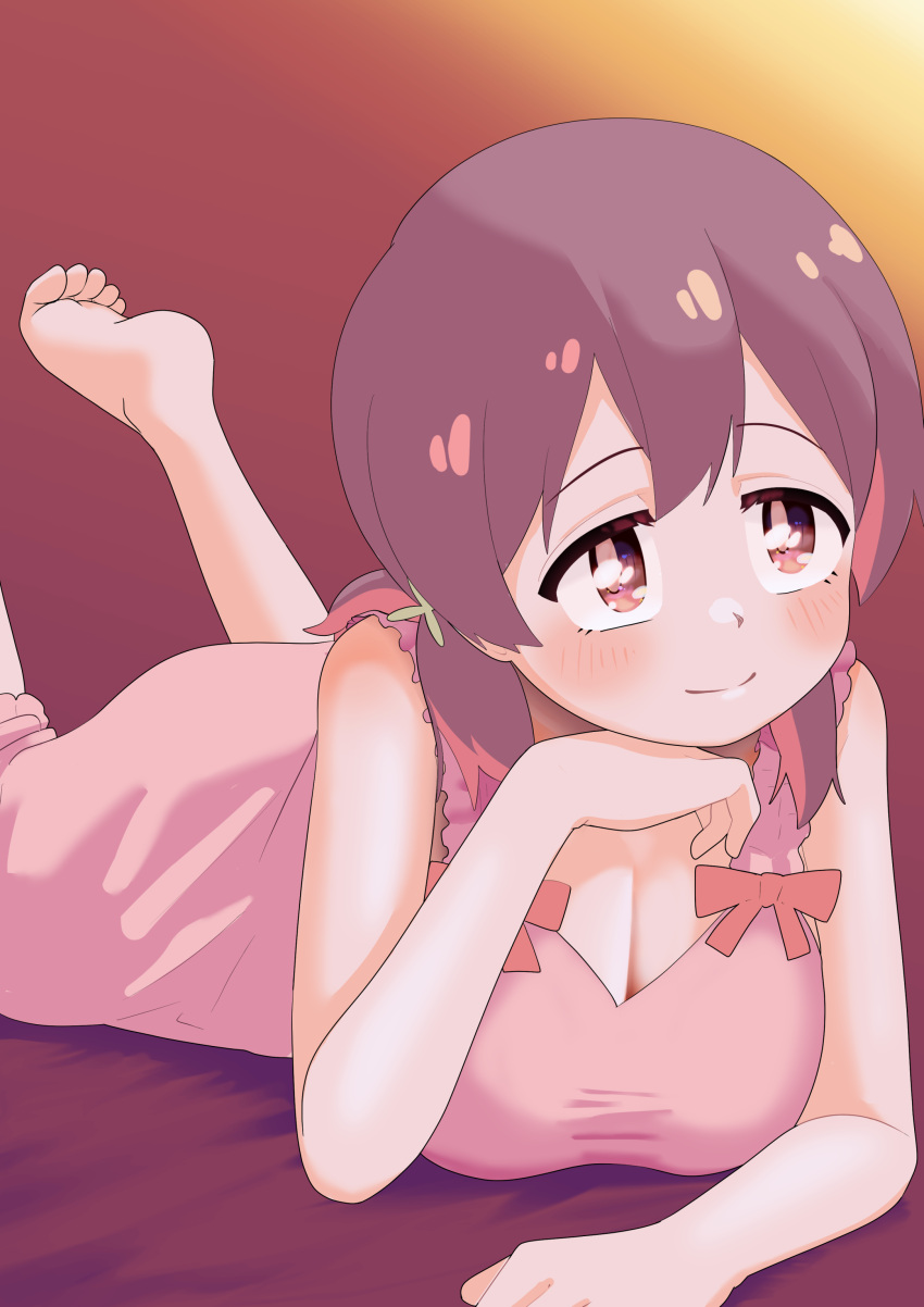 absurdres bare_arms bare_shoulders barefoot blush breasts brown_eyes brown_hair cleavage colored_inner_hair commentary elbow_rest feet feet_up female happyundergate head_tilt highres large_breasts long_hair low_twintails lying multicolored_hair murosaki_miyo nightgown on_stomach onii-chan_wa_oshimai! pink_nightgown red_hair smile solo twintails two-tone_hair