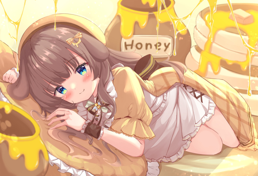 animal_ears blue_eyes blush bow brown_hair butter commentary_request dog_ears dress female food hat honey indie_virtual_youtuber jar kanti15 long_hair lying official_art on_side pancake pancake_stack smile solo tsukidate_ruchika virtual_youtuber yellow_dress yellow_hat