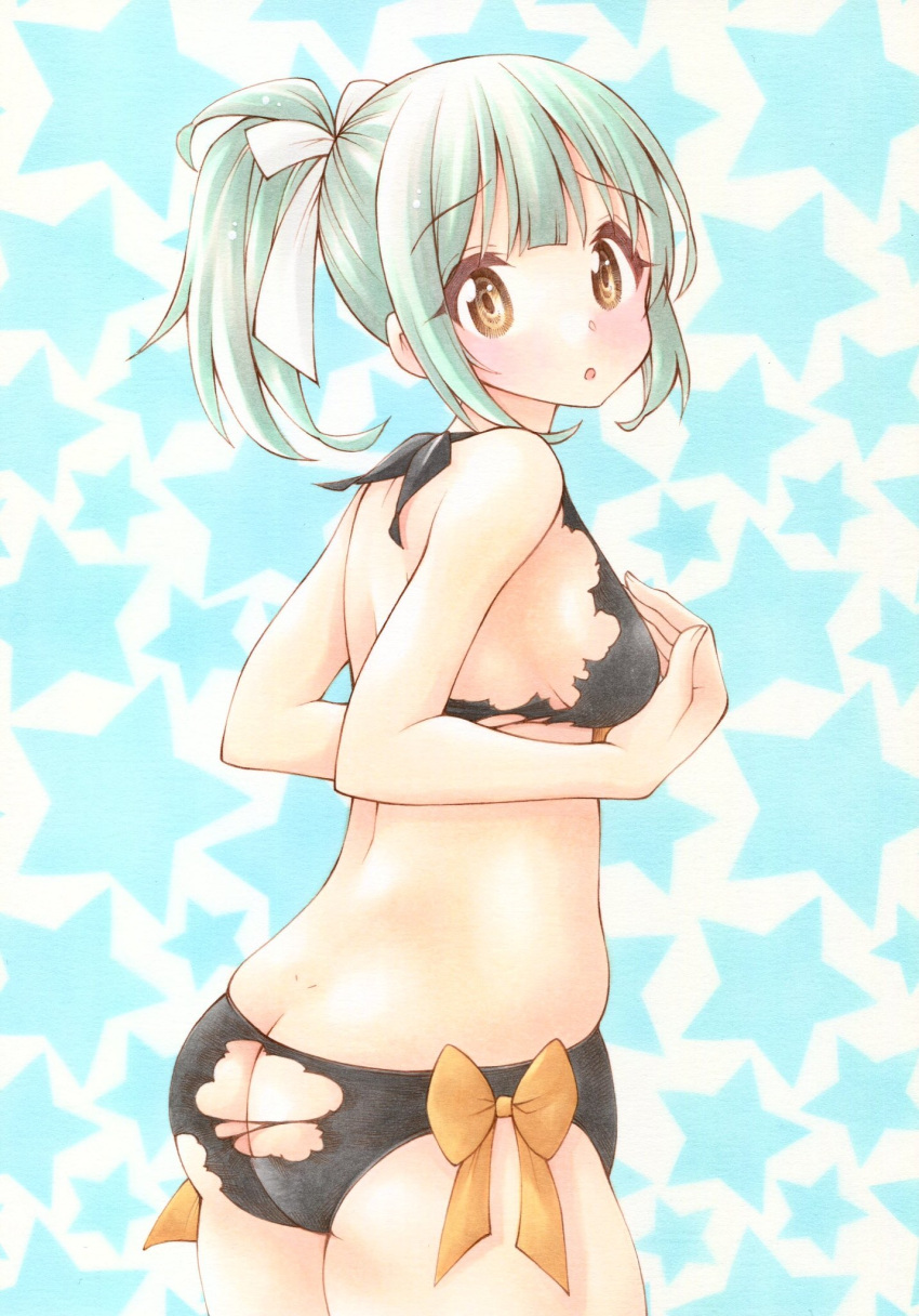 aqua_background ass bikini black_bikini blunt_bangs bow breasts brown_eyes cowboy_shot female furuta_tomohiro green_hair highres kantai_collection looking_at_viewer looking_back medium_breasts orange_bow ponytail side-tie_bikini_bottom solo starry_background swimsuit torn_clothes torn_swimsuit yuubari_(kancolle) yuubari_kai_ni_(kancolle) yuubari_kai_ni_(swimsuit_mode)_(kancolle)