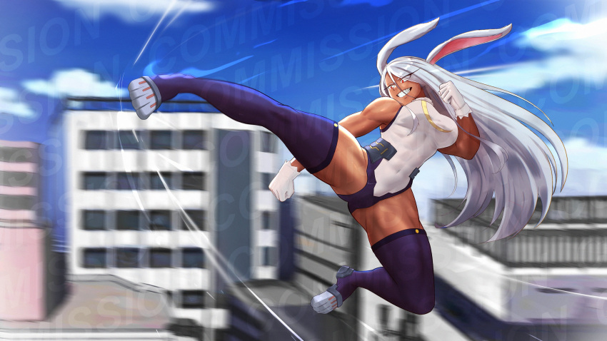 absurdres animal_ears bare_shoulders boku_no_hero_academia breasts building cityscape clenched_hands commission covered_abs covered_navel crescent_print dark-skinned_female dark_skin english_commentary female flying_kick fur_collar gloves grin highleg highleg_leotard highres kicking large_breasts leotard long_eyelashes long_hair midair mirko motion_blur motion_lines parted_bangs purple_thighhighs rabbit_ears rabbit_girl red_eyes shibbunny sleeveless_turtleneck_leotard smile solo taut_leotard teeth thick_thighs thighhighs thighs toned_female very_long_hair watermark white_gloves white_hair white_leotard