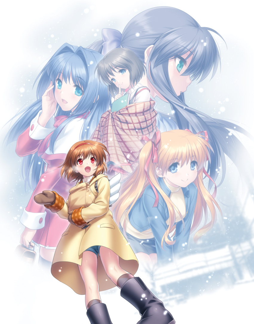 5girls :d absurdres angel_wings backpack bag black_footwear black_hair black_thighhighs blue_eyes blue_hair blue_jacket blue_shorts blush book boots bow brown_coat brown_gloves brown_hair brown_mittens capelet closed_mouth coat cowboy_shot denim denim_jacket denim_shorts dress expressionless eyelashes eyes_visible_through_hair feet_out_of_frame finger_to_mouth floating_hair from_below gloves green_eyes hair_between_eyes hair_intakes hair_ribbon hairband hairbow hand_up happy highres holding holding_bag holding_book index_finger_raised jacket kawasumi_mai leaning_forward lips little_busters! long_hair long_sleeves looking_afar looking_at_viewer medium_hair minase_nayuki misaka_shiori mittens multiple_girls open_clothes open_jacket open_mouth orange_hair outdoors paper_bag parted_lips ponytail profile purple_bow red_dress red_eyes red_hairband red_ribbon ribbon sawatari_makoto school_uniform shawl shirt short_dress short_hair shorts shushing sidelocks simple_background smile snowing solo_focus straight_hair thighhighs tsukimiya_ayu twintails two_side_up very_long_hair visible_air white_background white_capelet white_wings winged_bag wings yellow_coat yellow_shirt zen_(kamuro) zettai_ryouiki