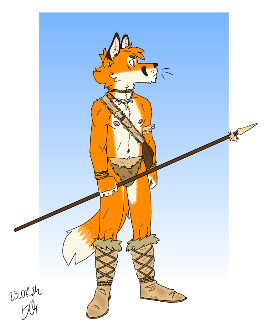 4:5 absurd_res anthro bartek22 boots bracelet briefs canid canine caveman caveman_chris_(bartek22) chris_the_fox_(bartek22) clothing ears_up footwear fox fur hi_res holding_object holding_weapon jewelry looking_aside male mammal melee_weapon navel necklace nipples orange_body orange_fur polearm shoes solo spear tail underwear weapon white_body white_fur