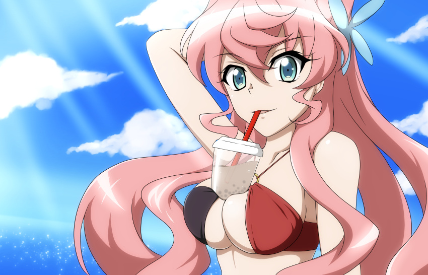 a_k_g_e_0325 absurdres bikini blue_eyes breasts bubble_tea bubble_tea_challenge cleavage cup disposable_cup drinking drinking_straw drinking_straw_in_mouth female hair_between_eyes hair_ornament highres huge_breasts large_breasts long_hair looking_at_viewer maria_cadenzavna_eve multicolored_clothes multicolored_swimsuit o-ring o-ring_bikini o-ring_top object_on_breast object_on_pectorals open_mouth pink_hair senki_zesshou_symphogear smile solo swimsuit very_long_hair