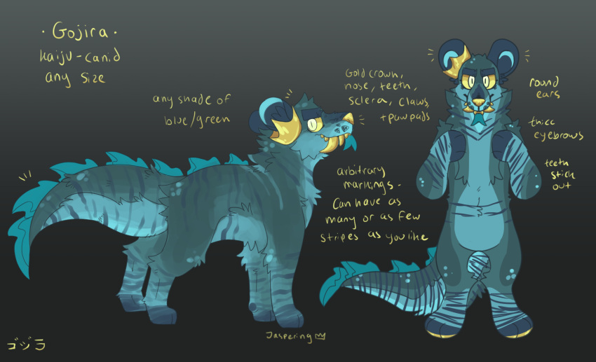 2019 ambiguous_gender anthro canid character_name crown digitigrade english_text fangs featureless_crotch feral flat_colors forked_tongue fur grey_background handpaw handwritten_text headgear hi_res hindpaw japanese_text jaspering jira_(jaspering) kaiju mammal model_sheet multiple_forms paws pupils round_ears signature simple_background slit_pupils snout solo standing striped_body striped_fur stripes tail teal_body teal_fur teal_tongue teeth text tongue whisker_spots yellow_sclera yellow_teeth yellow_text