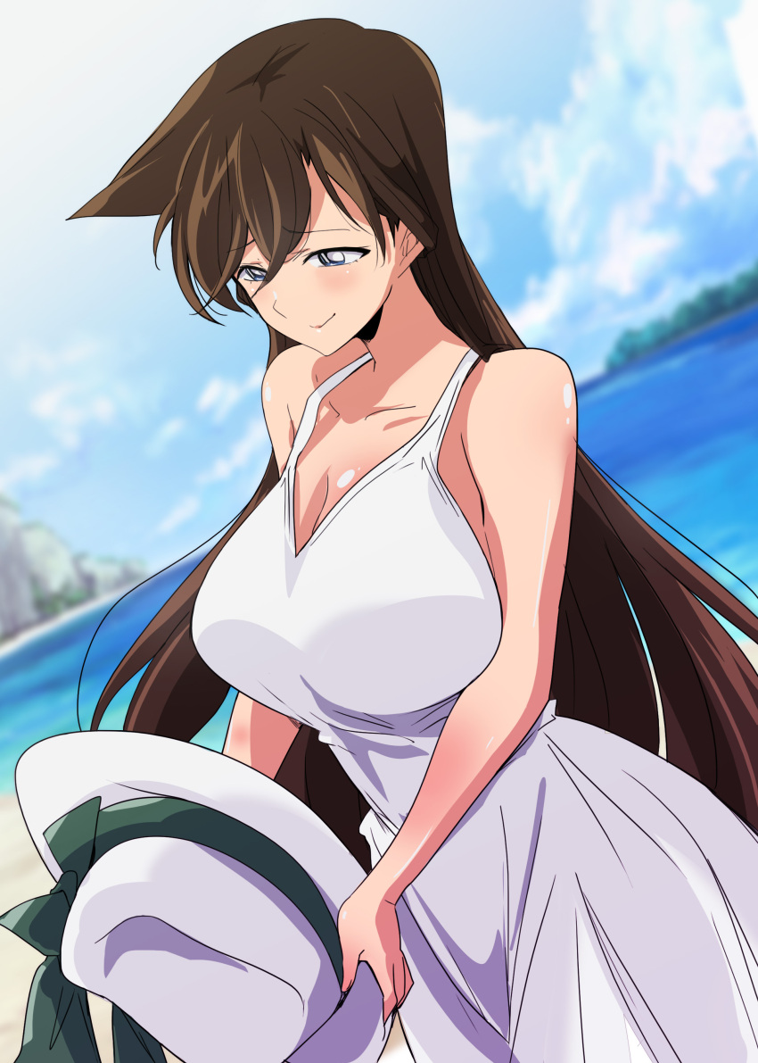 absurdres bare_shoulders blue_eyes blurry blurry_background blush breasts brown_hair cleavage day dress female hat highres holding large_breasts looking_down meitantei_conan mouri_ran ocean outdoors sleeveless sleeveless_dress smile solo sun_hat washizuka_shou white_dress white_hat