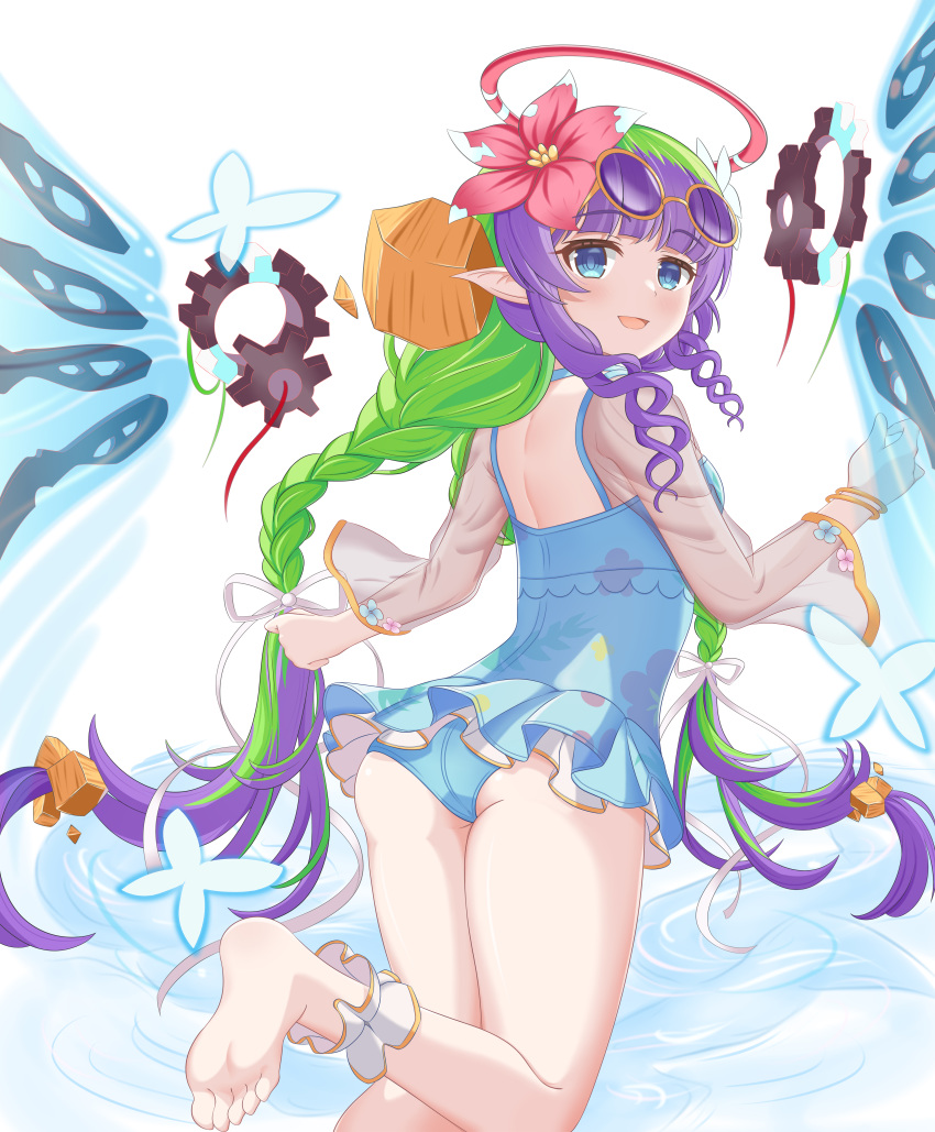 absurdres ameth_(princess_connect!) ameth_(summer)_(princess_connect!) ankle_cuffs aqua_one-piece_swimsuit ass barefoot blue_eyes blunt_bangs bracelet braid casual_one-piece_swimsuit crystal_wings drill_hair drill_sidelocks eyewear_on_head fairy female floating_rock flower flower_on_head from_behind gears gold_bracelet green_hair hair_flower hair_ornament hair_ribbon halo hibiscus highres jewelry long_sleeves low_twin_braids low_twintails multicolored_hair one-piece_swimsuit open_mouth pointy_ears princess_connect! purple_hair red_flower red_halo ribbon see-through see-through_sleeves sidelocks simple_background smile soles solo sunglasses swimsuit swimsuit_skirt tinted_eyewear twin_braids twintails white_background wide_sleeves winterline