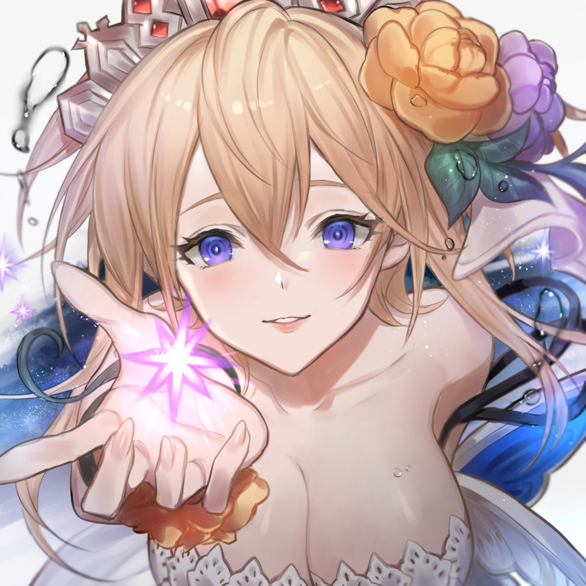 absurdres blonde_hair blue_eyes blue_ribbon breasts cleavage dress europa_(granblue_fantasy) female flower granblue_fantasy hair_flower hair_ornament highres looking_at_viewer medium_breasts orange_flower orange_rose outstretched_arm purple_flower purple_rose ribbon rose solo suzu_(suzuame329) tiara white_dress