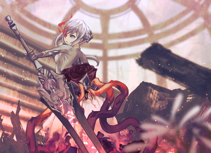 braid commentary elsie eyelashes female flaming_eye flower from_side gloves grey_gloves grey_shirt highres holding holding_sword holding_weapon huge_weapon looking_at_viewer parted_lips plant purple_eyes rose shirt sinoalice snow_white_(sinoalice) solo sword vines weapon