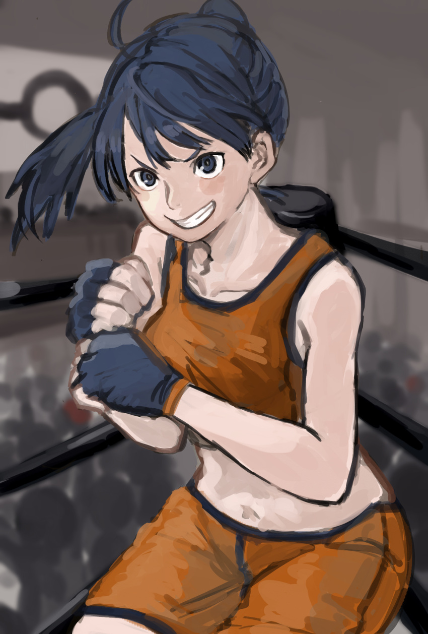 battle_girl_(pokemon) black_eyes black_hair boxing_ring crowd female fighting_stance fingerless_gloves gloves grey_background grin highres indoors kmusy_mp4 midriff orange_shirt orange_shorts pokemon pokemon_rse ponytail shirt shorts smile solo