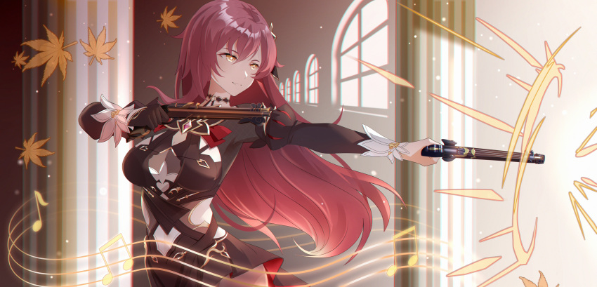 absurdres black_dress breasts cleavage_cutout closed_mouth clothing_cutout dress eden_(honkai_impact) female firing gun highres holding holding_gun holding_weapon honkai_(series) honkai_impact_3rd indoors large_breasts long_hair long_sleeves musical_note red_hair side_cutout solo upper_body wanzituanzimax weapon yellow_eyes