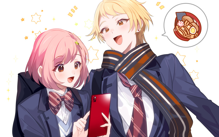 1boy :d backpack bag blazer blonde_hair blush bob_cut bow bowtie cellphone earrings female habataki_academy_school_uniform hair_ornament hairclip happy highres holding holding_phone honda_iku jacket jewelry long_sleeves necktie open_mouth orange_eyes phone pink_hair poking protagonist_(tokimemo_gs4) red_bow red_bowtie red_necktie scarf school_uniform shirt short_hair simple_background smartphone smile spoken_food star_(symbol) striped_bow striped_bowtie striped_clothes striped_necktie striped_scarf stud_earrings swept_bangs tenryou_sena tokimeki_memorial tokimeki_memorial_girl's_side_4th_heart upper_body white_background white_shirt