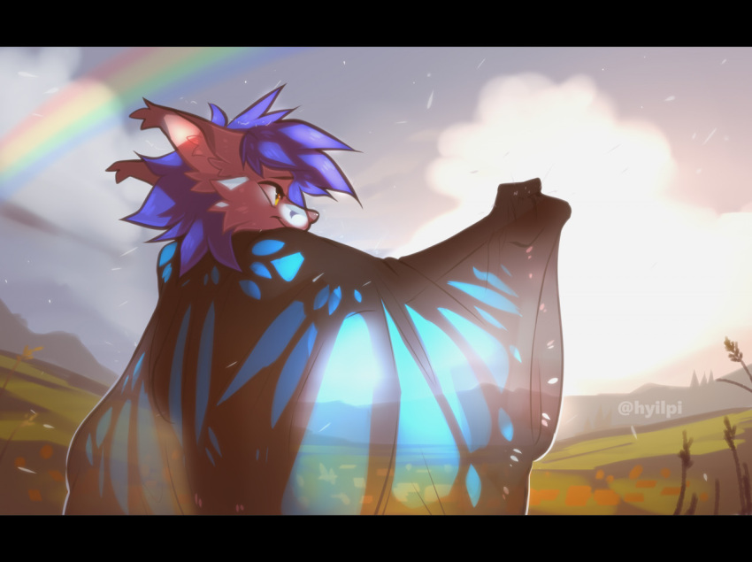 2021 ambiguous_gender anthro avian black_bars canid canine day detailed_background digital_media_(artwork) fox gabriel_serealia hair hybrid hyilpi mammal outside purple_hair sky solo sun